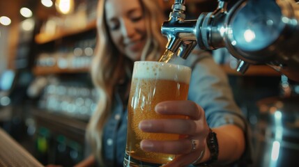 Canvas Print - A smiling female bartender pours a fresh beer from a tap into a glass at a warmly lit bar.