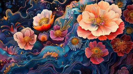 Wall Mural - Detailed psychedelic floral patterns in a close-up abstract setting, showcasing the wild, untamed beauty of floral imagination. 