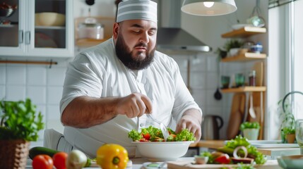 Wall Mural - A focused overweight male chef in traditional white attire seasoning a salad in a sunny kitchen.
