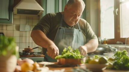 Canvas Print - A focused overweight man in an apron prepares a salad in a sunlit cozy kitchen.