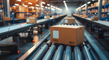 seamless integration of technology and logistics with a photo of parcels being sorted by automated systems on conveyor belts in a modern warehouse.