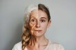 Babyboomer skin reveals aging secrets: facial age contrasts and worry line care with hair color techniques in split care regimens.