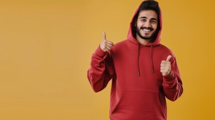 Wall Mural - Cheerful young man in a red hoodie giving thumbs up against a yellow background.