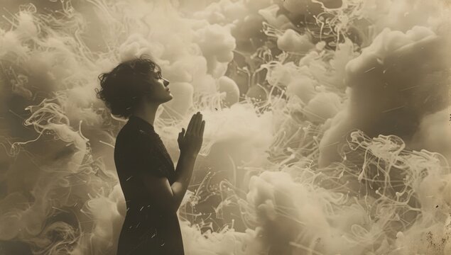 A woman in profile stands with her folded hands, praying to the sky, surrounded by clouds. The photo is taken from an angle that shows both her arms and face