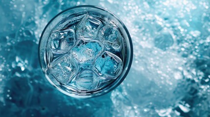 Sticker - Ice cubes in a glass of water with ice cubes on blue background