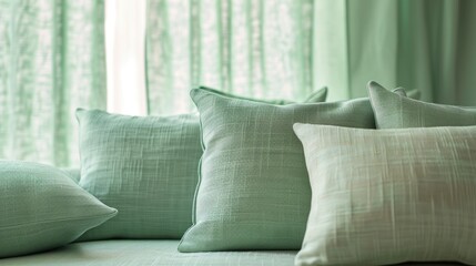 Wall Mural - Close up of pillows on sofa in living room with green curtain