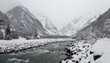 grey landscape winter mountains and river 