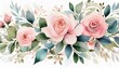  Watercolor depiction of delicate pink roses and leafy foliage with a white background 