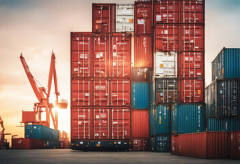 'loading containers morning shipping crane port trade container cargo ship transportation industrial logistic transport export industry equipment import terminal'