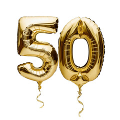 50 golden fifty balloons, 3D illustration.