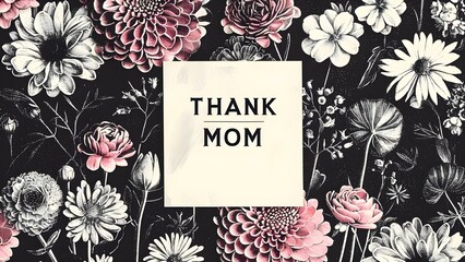 Wall Mural - Floral greeting card with Thank Mom message among vibrant spring flowers . Concept Spring Flowers, Greeting Card, Thank Mom Message, Floral Design, Vibrant Colors