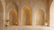Elegant interior featuring three arched niches with intricate Islamic patterns and decorative plants.