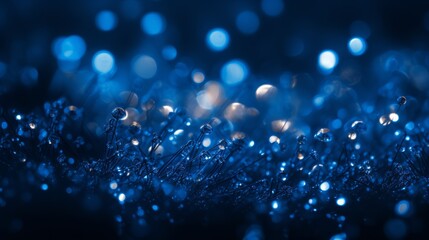 Poster - cluster of tiny blue lights against a dark, out-of-focus background. The lights are glowing brightly, creating a mesmerizing effect. The background is a deep navy blue, with no visible details.