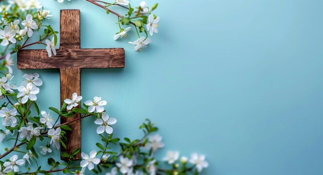 Wooden cross with white flowers on a blue background, depicting a copy space concept for Easter celebration and welcoming the spring