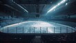 Empty ice hockey arena with illuminated rink and surrounding seating under cool blue lighting.