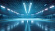 Empty ice hockey rink with illuminated stadium seating and glass reflections