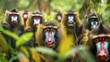 A troop of mandrills foraging for food in the rainforest undergrowth