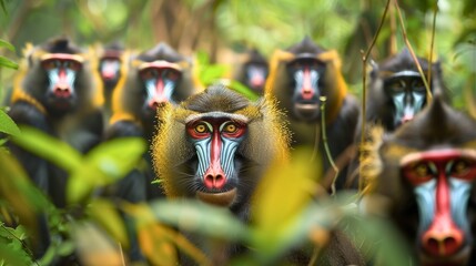 Wall Mural - A troop of mandrills foraging for food in the rainforest undergrowth