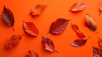 Wall Mural - Creative layout made with leaves on bright orange background.