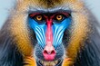 Close-up portrait of a majestic mandrill displaying vibrant facial colors.