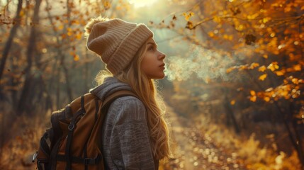 Poster - A Woman Hiking in Autumn Forest