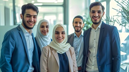 Wall Mural - Smiling Group of Young Professionals in Modern Office. Casual Business Attire, Diverse Team Collaboration. Positive Work Environment Portrayal. AI