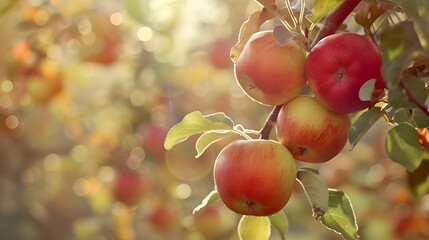 Sticker - Ripe apples hanging on a sunlit tree, a sign of autumn's bounty. Orchard fruits ready for harvest against a bokeh background. Lush, organic, farm-fresh produce scene. AI