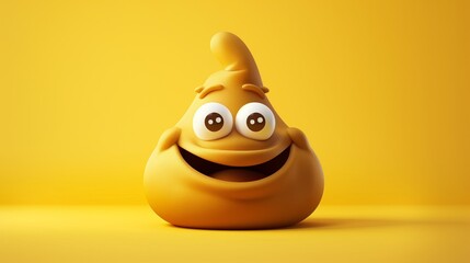 Cheerful animated poop emoji character with a big smile on a yellow background.