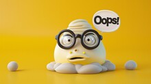 A Comical 3D Character With Large Glasses And An 'Oops!' Speech Bubble On A Yellow Background.