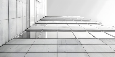 Poster - Architectural abstraction of a modern glass and steel commercial building with clean lines and geometric patterns in a city environment