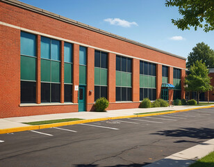 modern building in the country, school-styled photo with a parking lot out front