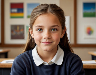 portrait of a smiling child at school in a classroom wearing prep school attire