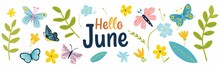 A Cute And Simple Illustration Of The Text "Hello June" With Various Flowers, Leaves And Butterflies In Pastel Colors On A White Background Generative AI