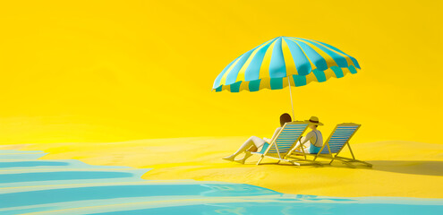 Wall Mural - Minimal design of summer scene background wallpaper with people sitting on deckchair with beach umbrella in sunlight mood.vacation and relax concepts design
