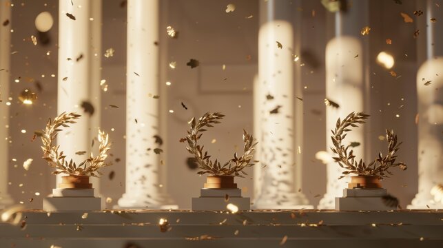 Three golden laurel wreath trophies displayed amongst falling confetti and columns.