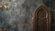 Ornate golden Arabesque doorway and intricate Islamic patterns on a textured dark background.