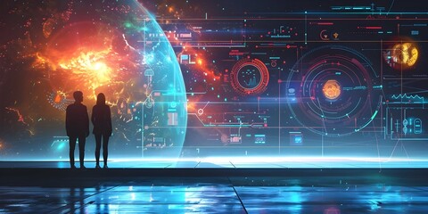 Poster - Futuristic Interactive Installations Educate Public About Science and Technology in Modern Cityscape with Holographic Displays and Neon Lighting
