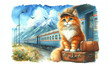 A cat in earflaps sits on a suitcase and waits for the train