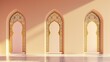 A serene view of three arches with intricate Islamic patterns casting soft shadows in a warm, softly lit interior.