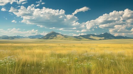 Canvas Print - Panoramic view of a serene landscape showing lush meadows, mountain peaks, and puffy clouds.