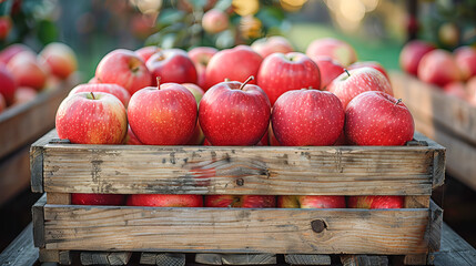 Wall Mural - Ripe red apples are collected in a wooden box against the background of a garden and sunlight. The concept of agriculture, healthy and natural nutrition