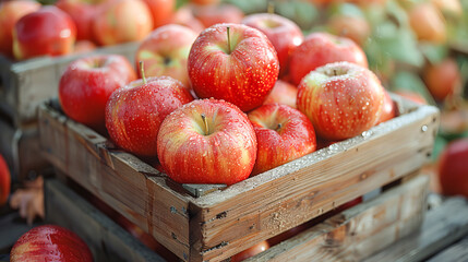 Wall Mural - Ripe red apples are collected in a wooden box against the background of a garden and sunlight. The concept of agriculture, healthy and natural nutrition