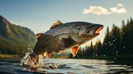 Close up of rainbow trout fish jumping from the water with bursts in high mountain clean lake or river, at sunset or dawn, picturesque mountain summer landscape. Copy space.