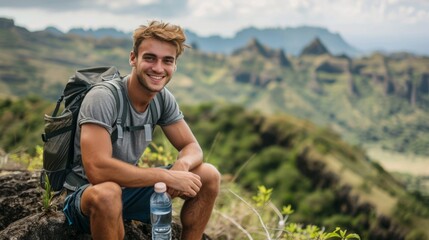 Wall Mural - Smiling Hiker Enjoying Mountain View