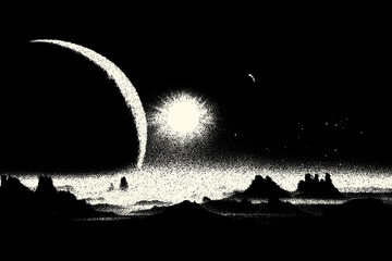 Poster - Alien planet landscape in retro dotwork style. Planets and satellites over unknown planet in space. Sci-fi world landscape, beyond our galaxy