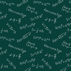 Wall Mural - Seamless pattern of chalk set of mathematical theory formula, calculation and equation. Doodle math blackboard. Handwritten white chalked geometry signs and equations on green school chalkboard