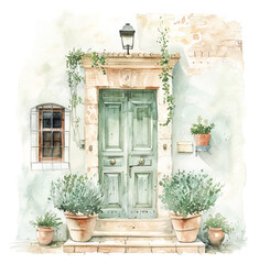 Elegant watercolor of a green door with potted plants