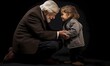 Tender moment between elderly man and young child, showing warmth and intergenerational bond against a dark backdrop