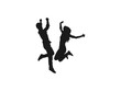 © ultra designer - young couple friends jumping silhouettes. People holding hands in a jump vector. People jumping, friends man and woman set. Vector silhouette of woman jumps on white background. black and white.