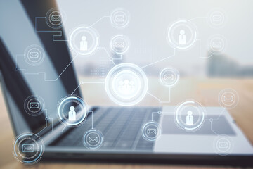 Aufkleber - Social network concept with modern laptop on background. Multiexposure